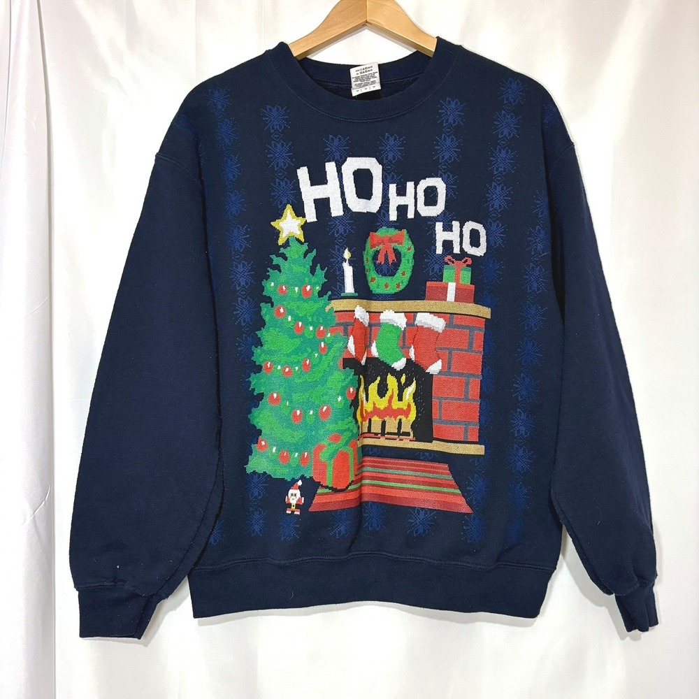 Gildan Navy Blue Ho Ho Ho Christmas Fireplace‎ Crewneck Sweatshirt Medium